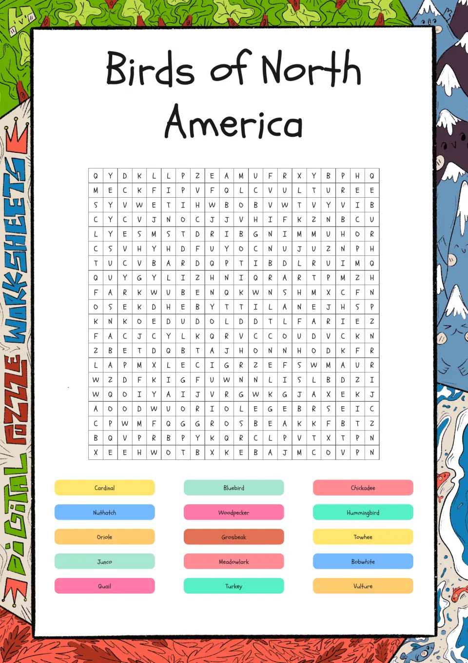 North American birds word search: students find 15 bird names such as cardinal, chickadee, oriole and vulture