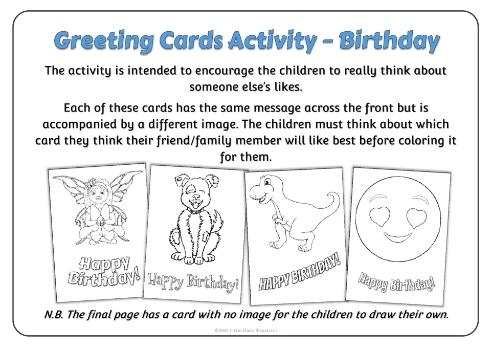 Greeting Cards Activity - Birthday: children pick the card design a friend or relative would like best, then color it