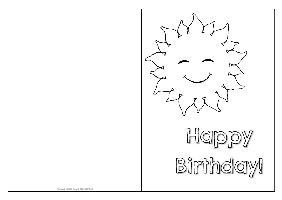 Smiling sun birthday card: children color the sun above the Happy Birthday! greeting and fold it to give to someone