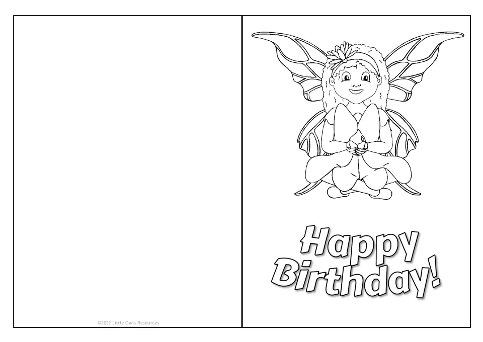 Fairy birthday card: children color a winged fairy sitting cross-legged with a flower in her hair above Happy Birthday!