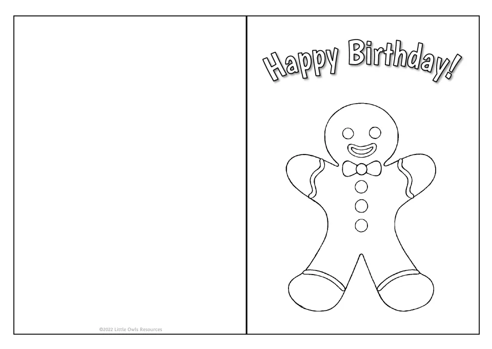 Gingerbread man birthday card: children color a smiling cookie figure in a bow tie under an arched Happy Birthday!