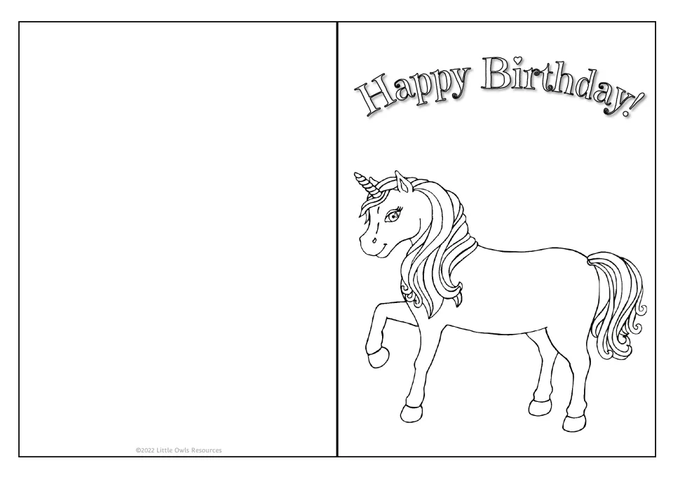 Unicorn birthday card: children color a unicorn with a curly mane and tail, one hoof raised, beneath Happy Birthday!