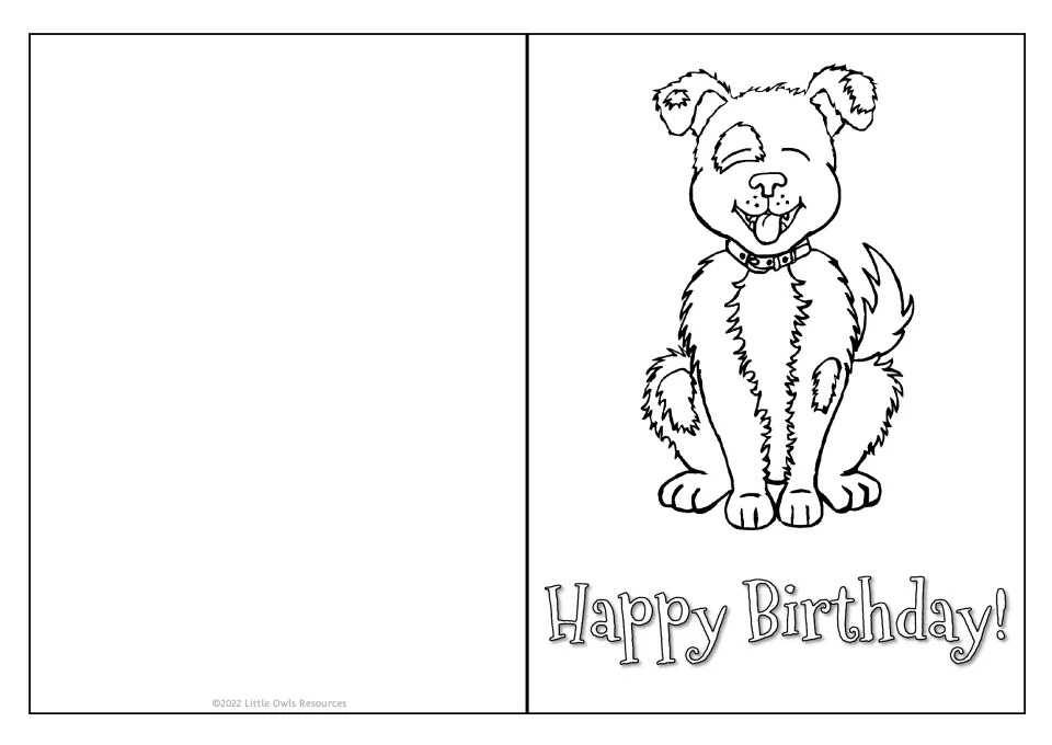 Puppy birthday card: children color a fluffy dog in a collar, tongue out and eyes closed, above Happy Birthday! message