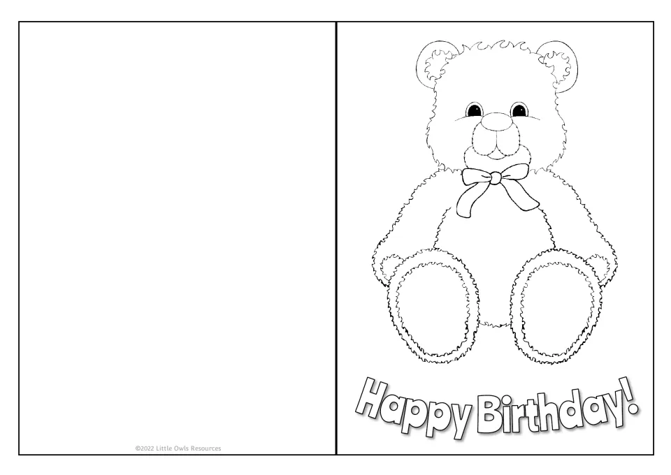 Teddy bear birthday card: children color a seated furry bear wearing a bow at its neck above a Happy Birthday! greeting