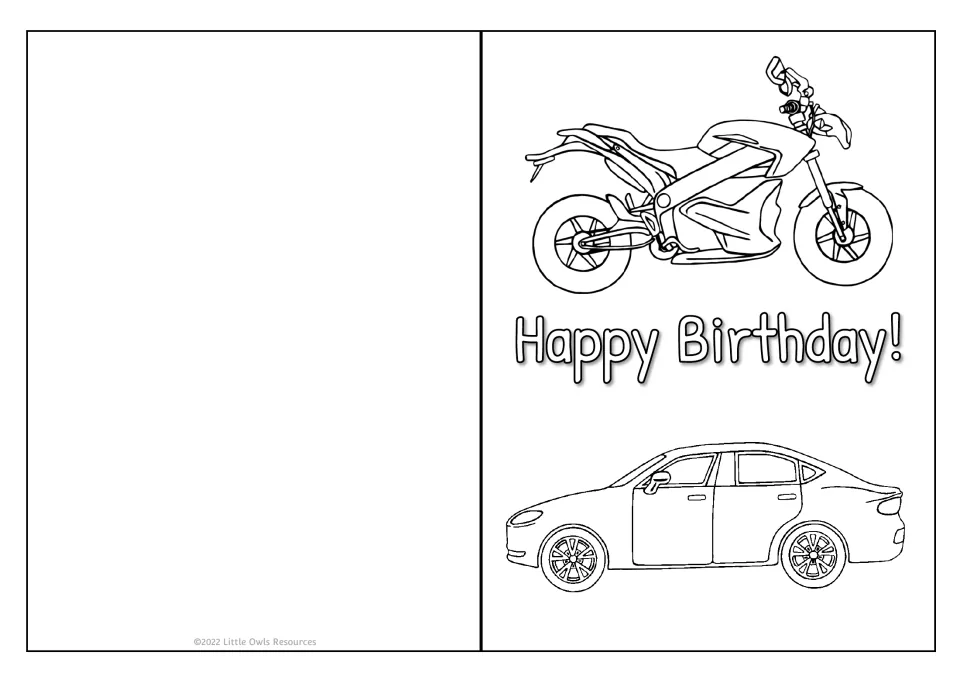 Vehicles birthday card: children color a motorbike and a car placed above and below the Happy Birthday! greeting