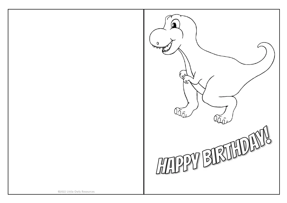 Dinosaur birthday card: children color a grinning cartoon T. rex above slanted HAPPY BIRTHDAY! lettering
