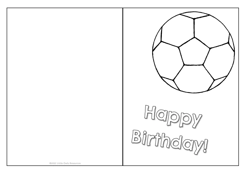 Soccer ball birthday card: children color a large football over the Happy Birthday! greeting