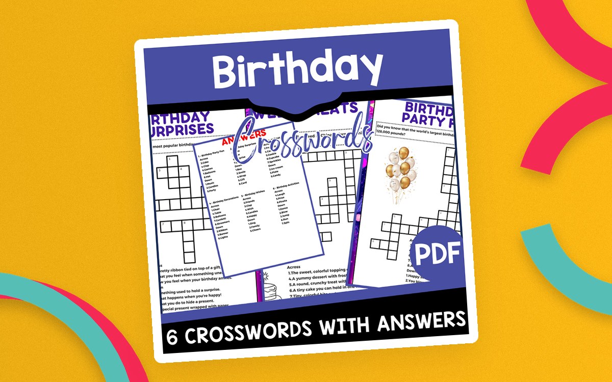 Birthday Crosswords cover with six puzzle and answer-page previews.