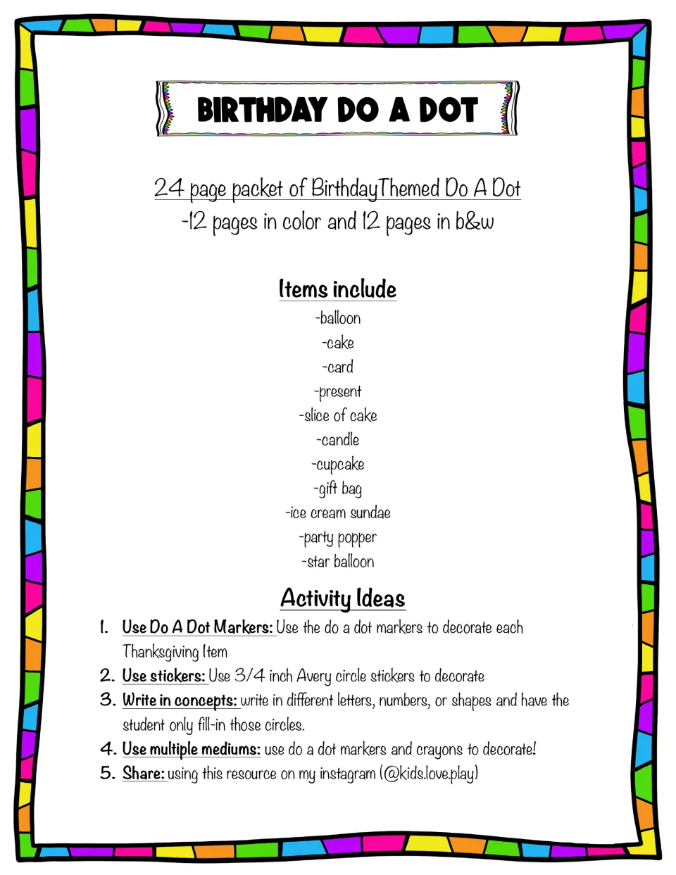 Birthday dot art activity guide lists packet contents and ideas using dot markers, stickers, and crayons.