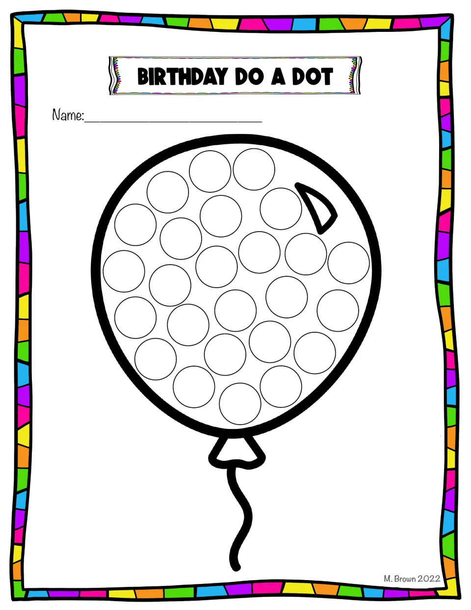 Birthday dot art balloon sheet has a single balloon filled with circles for dot markers or circle stickers.