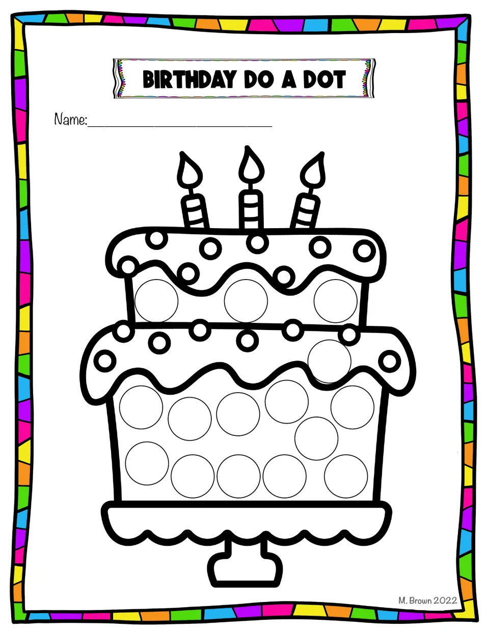 Birthday dot art cake sheet has a two-tier cake topped with three candles and circles to fill or decorate.