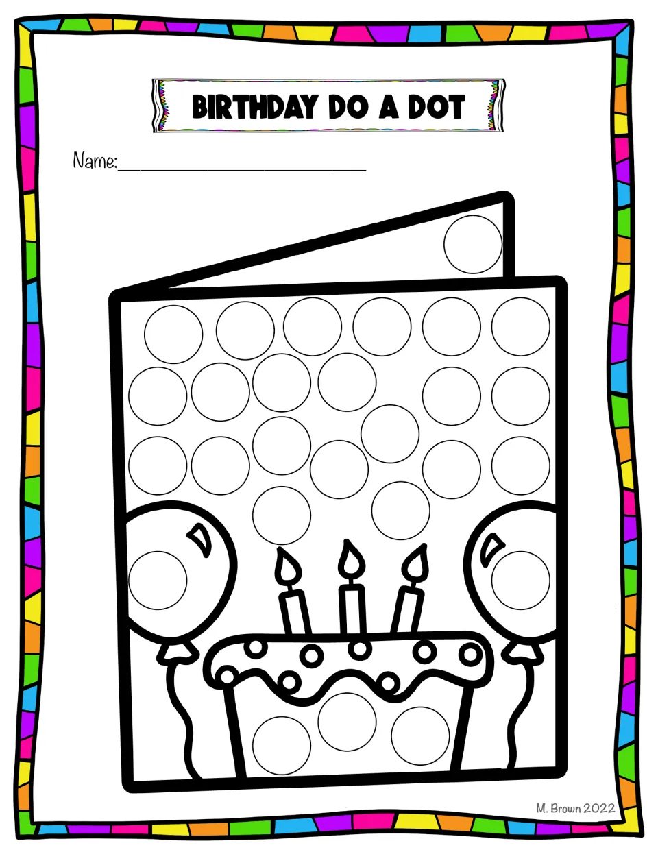 Birthday dot art card sheet features a greeting card decorated with balloons, a cake, and circles to fill.
