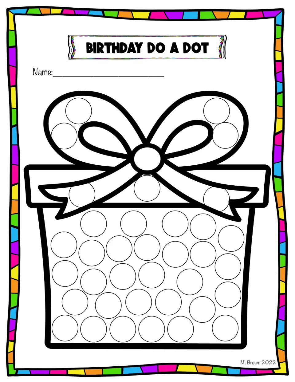 Birthday dot art present sheet features a wrapped gift with a large bow and circles for markers or stickers.