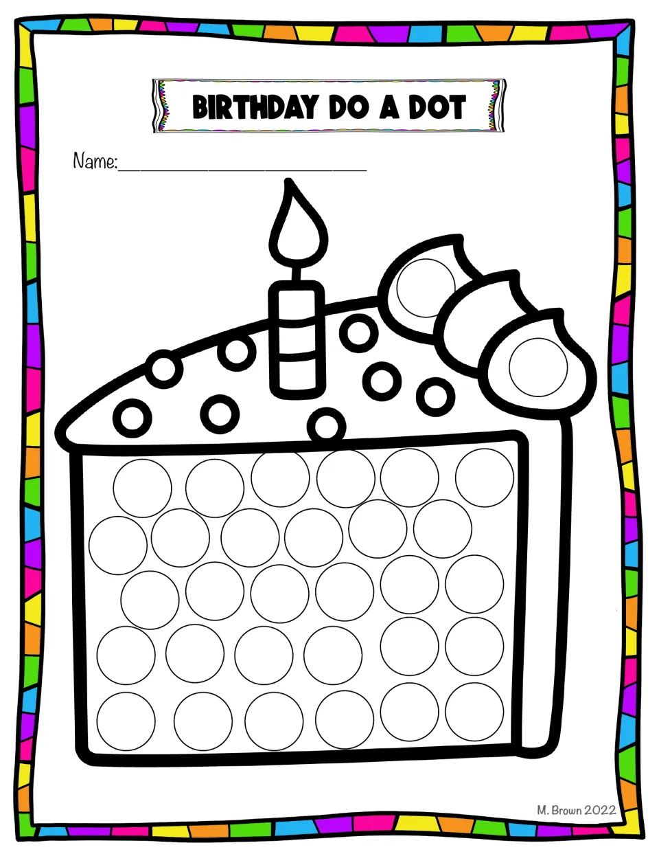 Birthday dot art cake slice sheet shows a slice topped with one candle and frosting, with circles to fill.