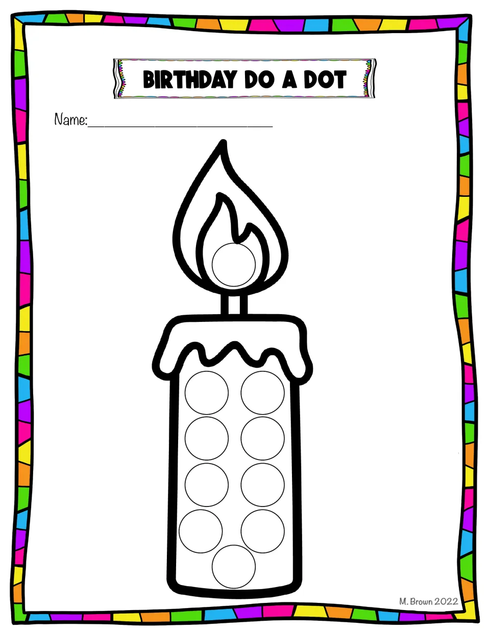 Birthday dot art candle sheet features a lit candle with circles inside its wax body and flame to decorate.