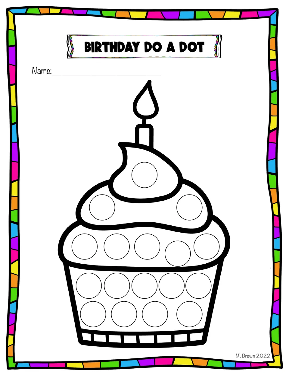 Birthday dot art cupcake sheet shows a frosted cupcake topped with one candle and empty circles to decorate.
