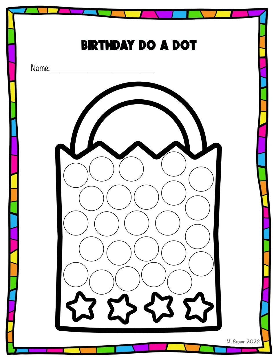 Birthday dot art gift bag sheet features a handled gift bag filled with circles for dot markers or stickers.