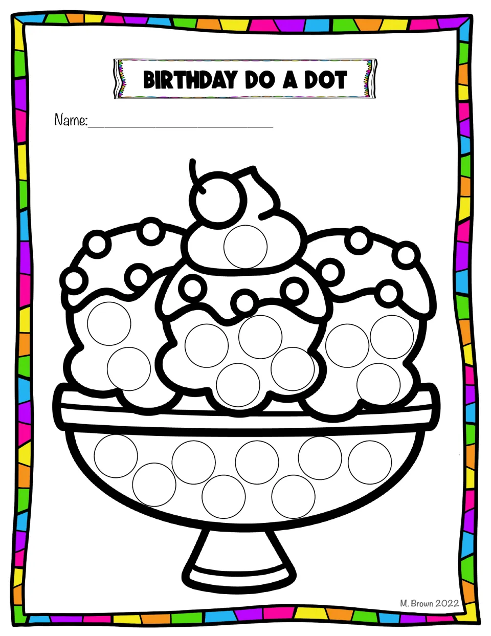 Birthday dot art sundae sheet shows three ice cream scoops in a dish, with a cherry and circles to decorate.