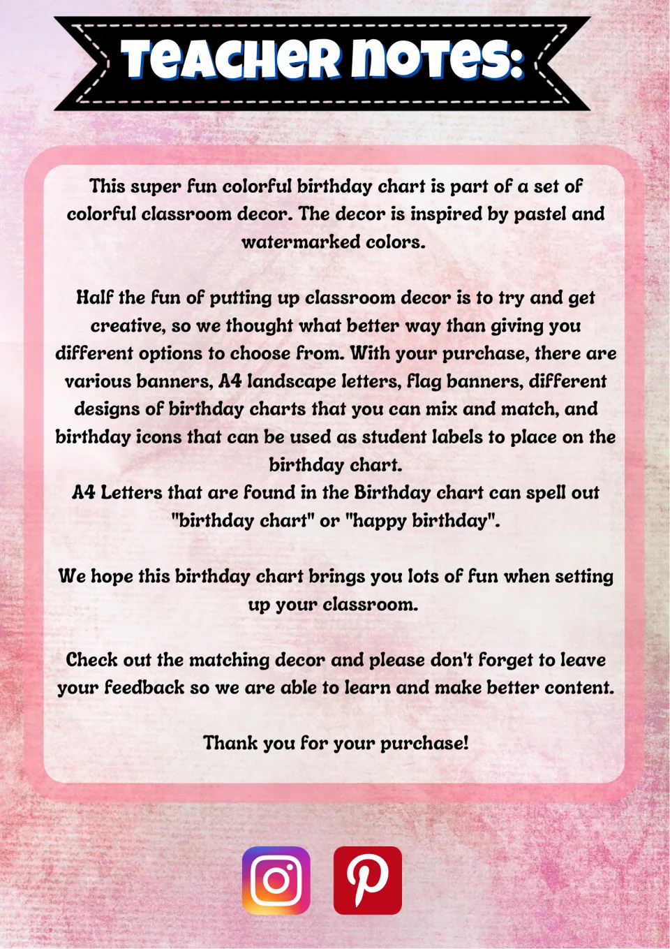 Teacher notes explain birthday display options, student icon labels, and letters for two birthday headings.