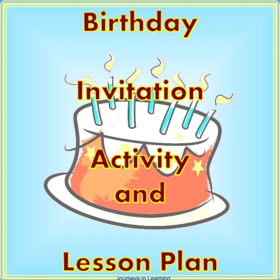 Cover of Birthday Invitation Activity and Lesson Plan, shown over a drawing of a frosted cake with lit candles