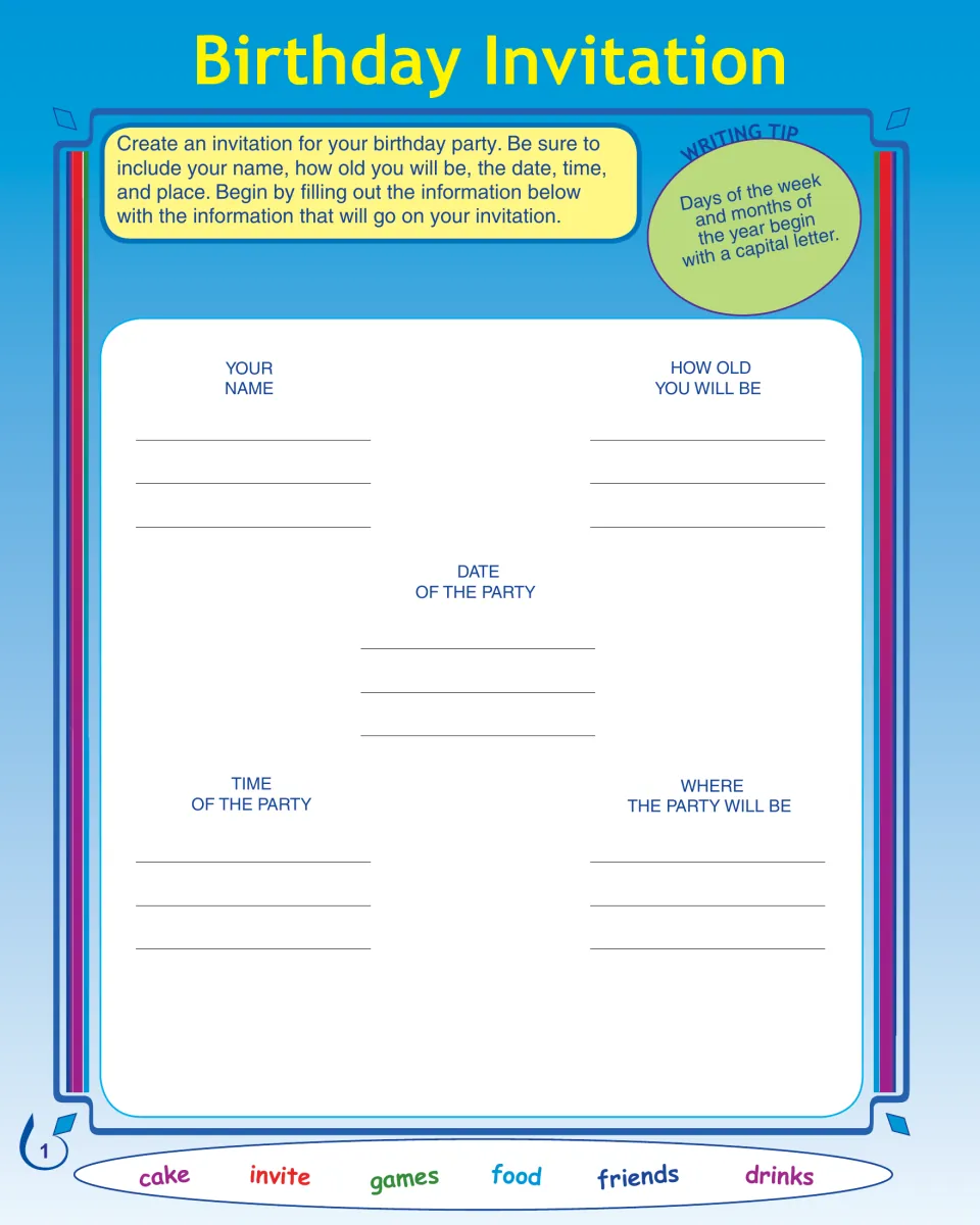Party details planner: students write their name, age, party date, time and place; tip on capitalizing days and months