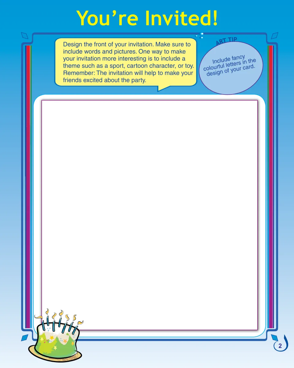 You're Invited! design page: students draw a themed invitation front with words and pictures; Art Tip uses 'colourful'