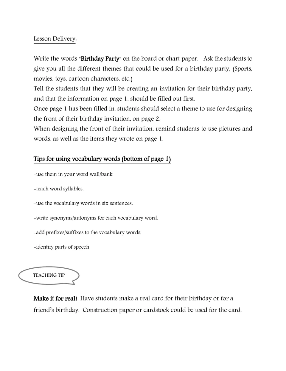 Lesson delivery steps for brainstorming party themes, plus ideas for the vocabulary words: syllables, synonyms, prefixes