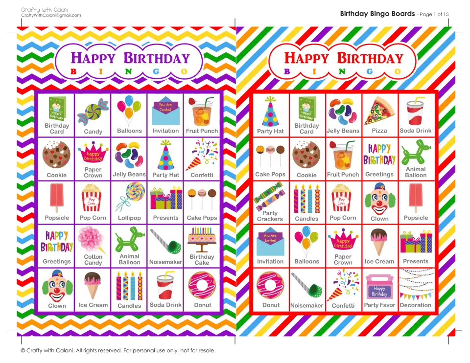 Birthday Bingo boards 1 and 2: students mark called party pictures; top rows open with birthday card and party hat