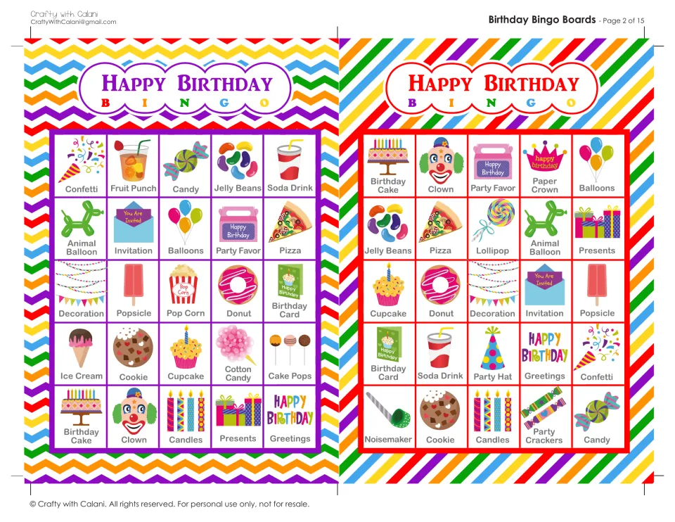 Birthday Bingo boards 3 and 4: two picture cards of 25 labeled party items, top rows opening with confetti and cake