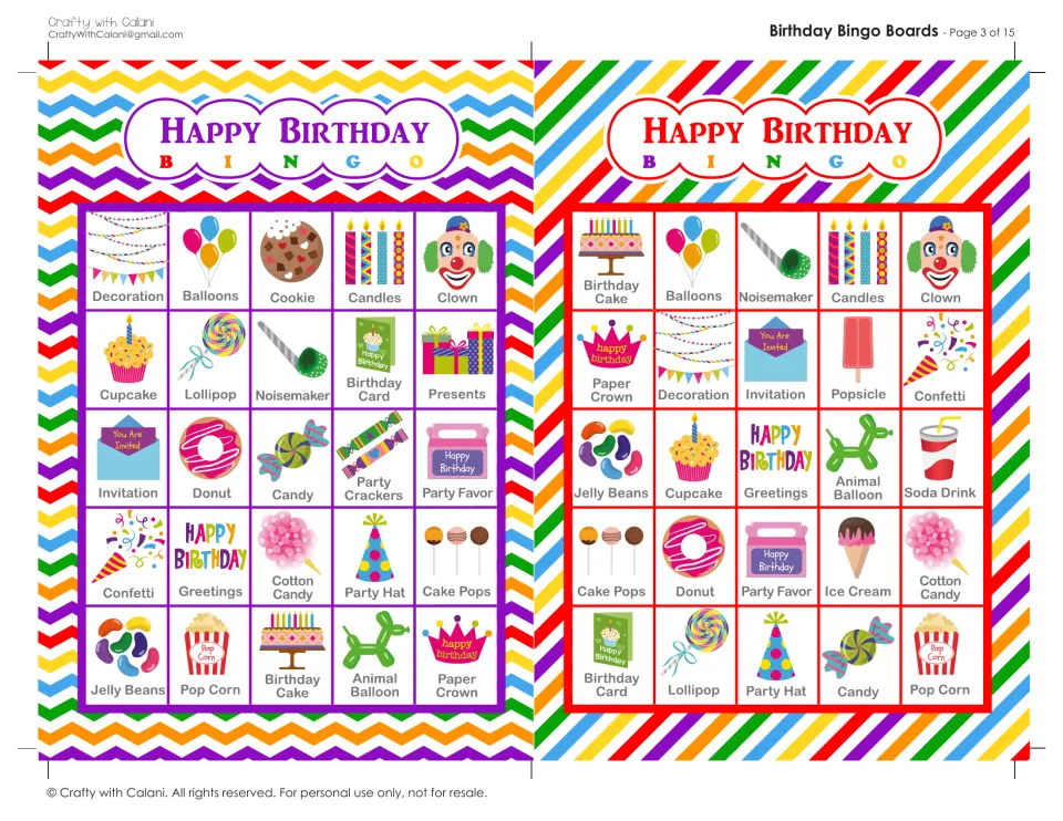 Birthday Bingo boards 5 and 6: students cover called treats and party items, starting with decoration and birthday cake