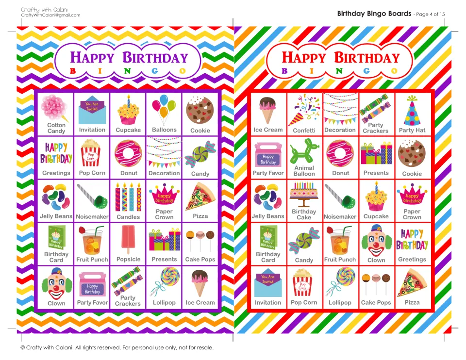 Birthday Bingo boards 7 and 8: picture-word cards that open with cotton candy and ice cream; mark items as called