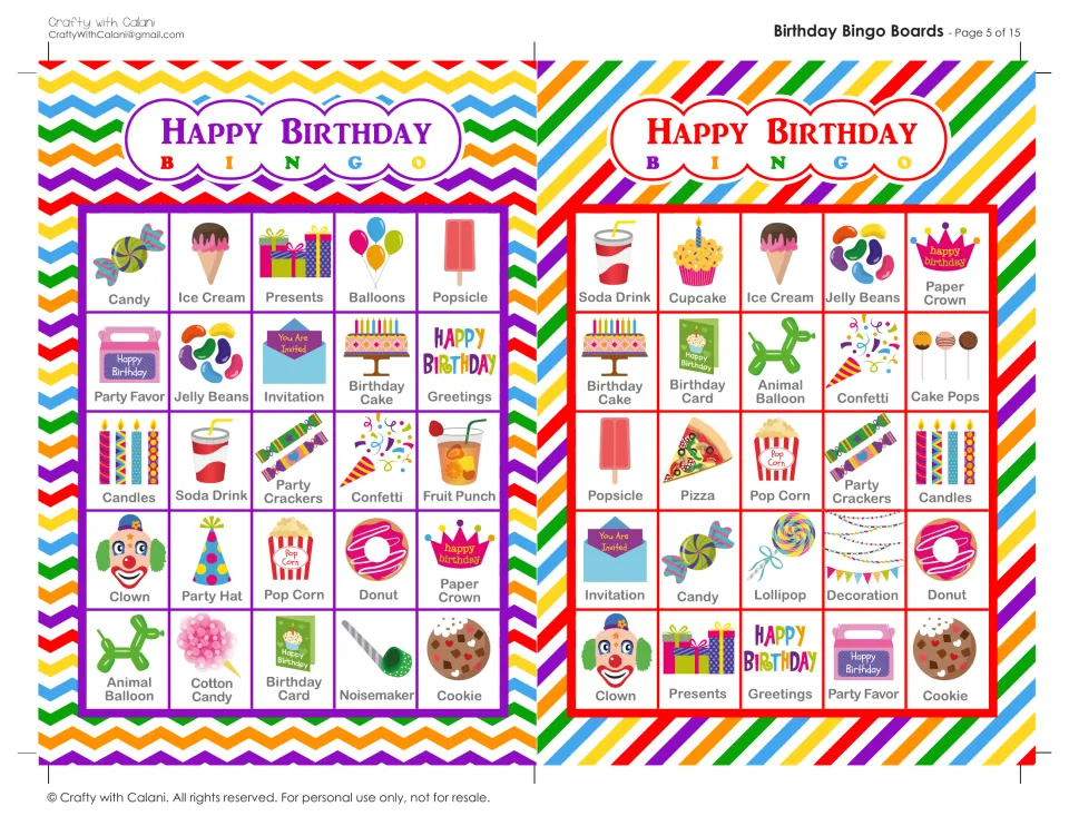 Birthday Bingo boards 9 and 10: students find called pictures like candy, soda drink, presents and jelly beans to mark