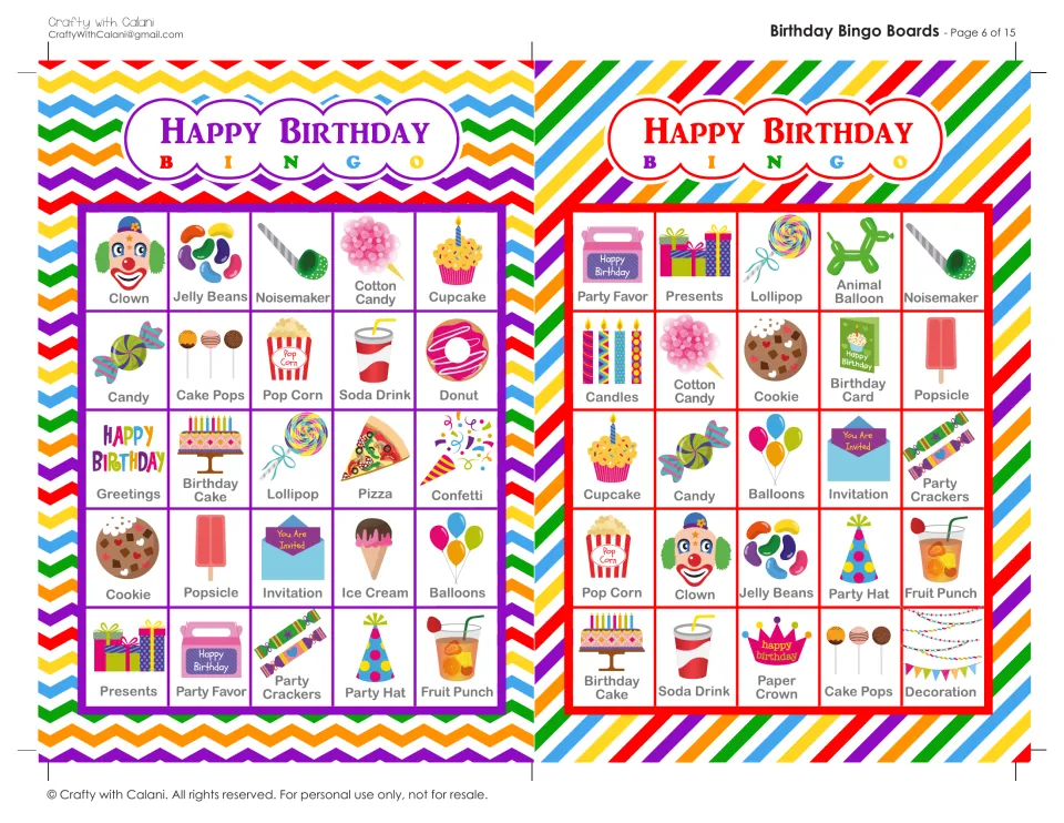 Birthday Bingo boards 11 and 12: labeled party pictures to mark when called, top rows led by clown and party favor