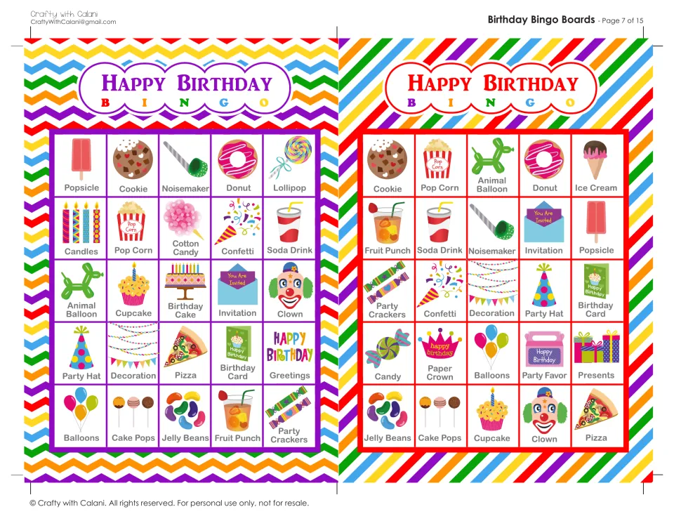 Birthday Bingo boards 13 and 14: students match called words to pictures such as popsicle, cookie, donut and pop corn