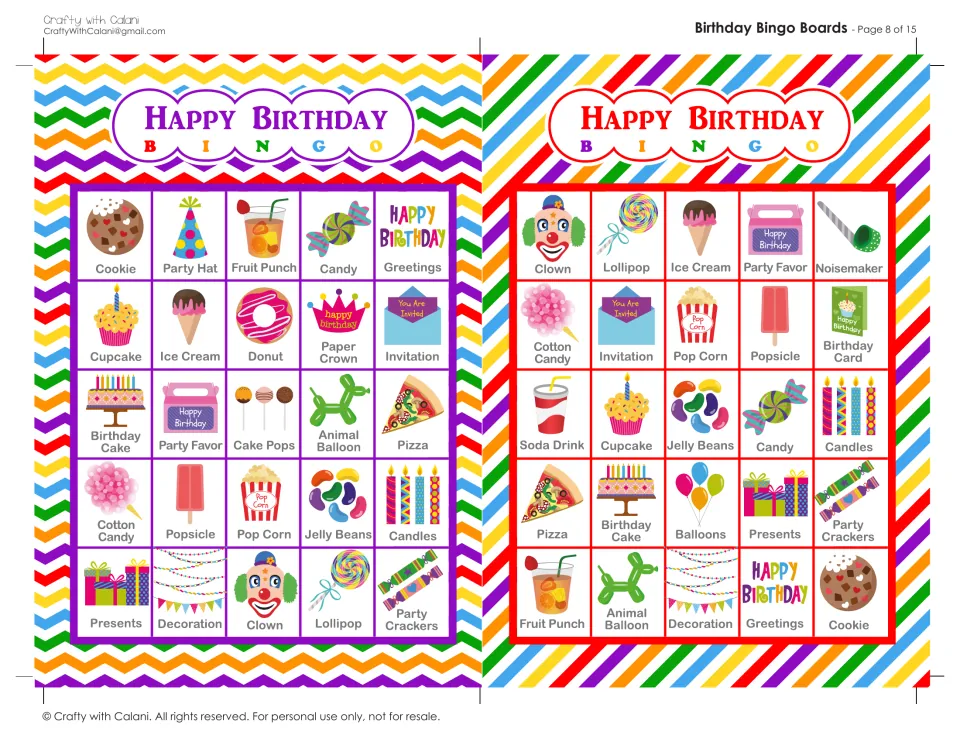 Birthday Bingo boards 15 and 16: party item cards to mark as called, top rows starting with cookie, party hat and clown
