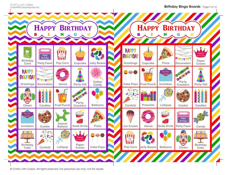 Birthday Bingo boards 17 and 18: students cover called pictures, top rows opening with birthday card and greetings