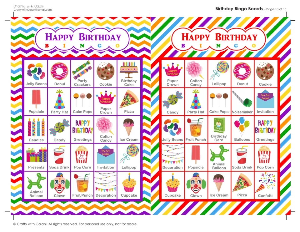 Birthday Bingo boards 19 and 20: labeled treats and decorations to mark, starting with jelly beans and paper crown