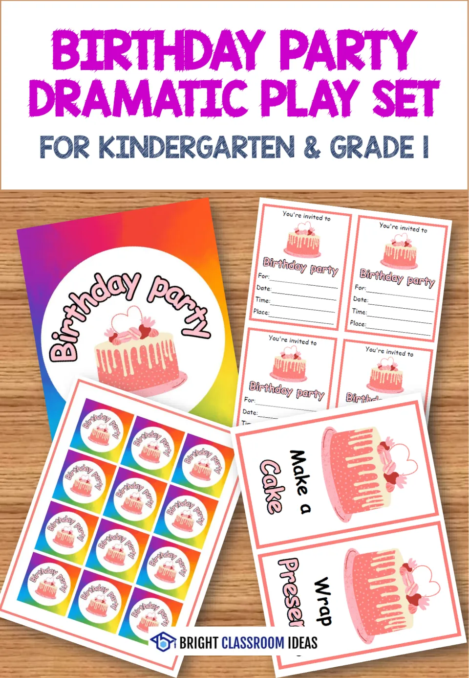 Birthday Party Dramatic Play Set cover for kindergarten and grade 1, showing invitations and party props