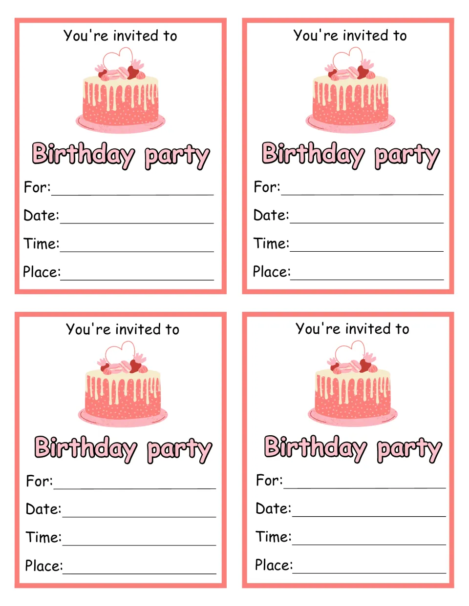 Four birthday party invitations for dramatic play, each asking for the recipient, date, time, and place