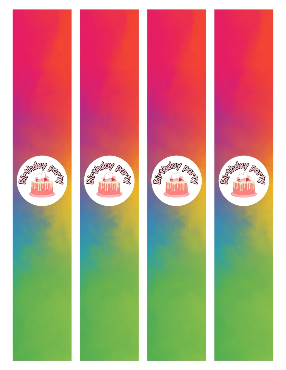 Four birthday party strips for the dramatic play set, each featuring a cake and the words 'Birthday party'