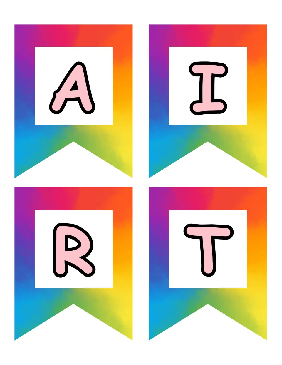 Birthday party display pennants with the letters A, I, R, and T, from the dramatic play decoration set