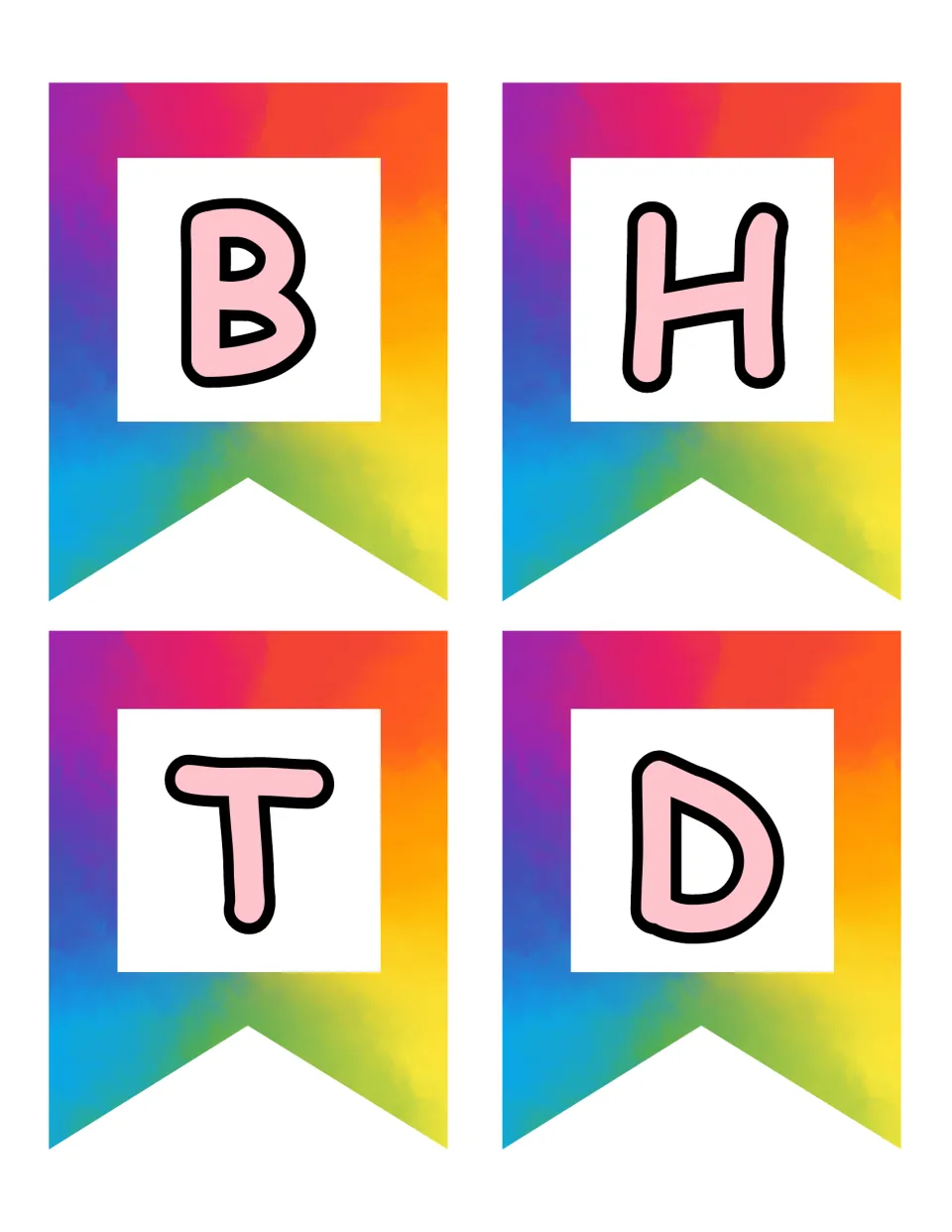 Birthday party display pennants with the letters B, H, T, and D, from the dramatic play decoration set