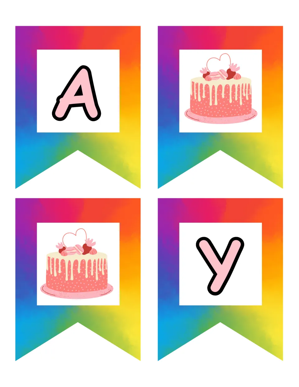 Birthday party display pennants with letters A and Y and two cake pictures for the dramatic play set