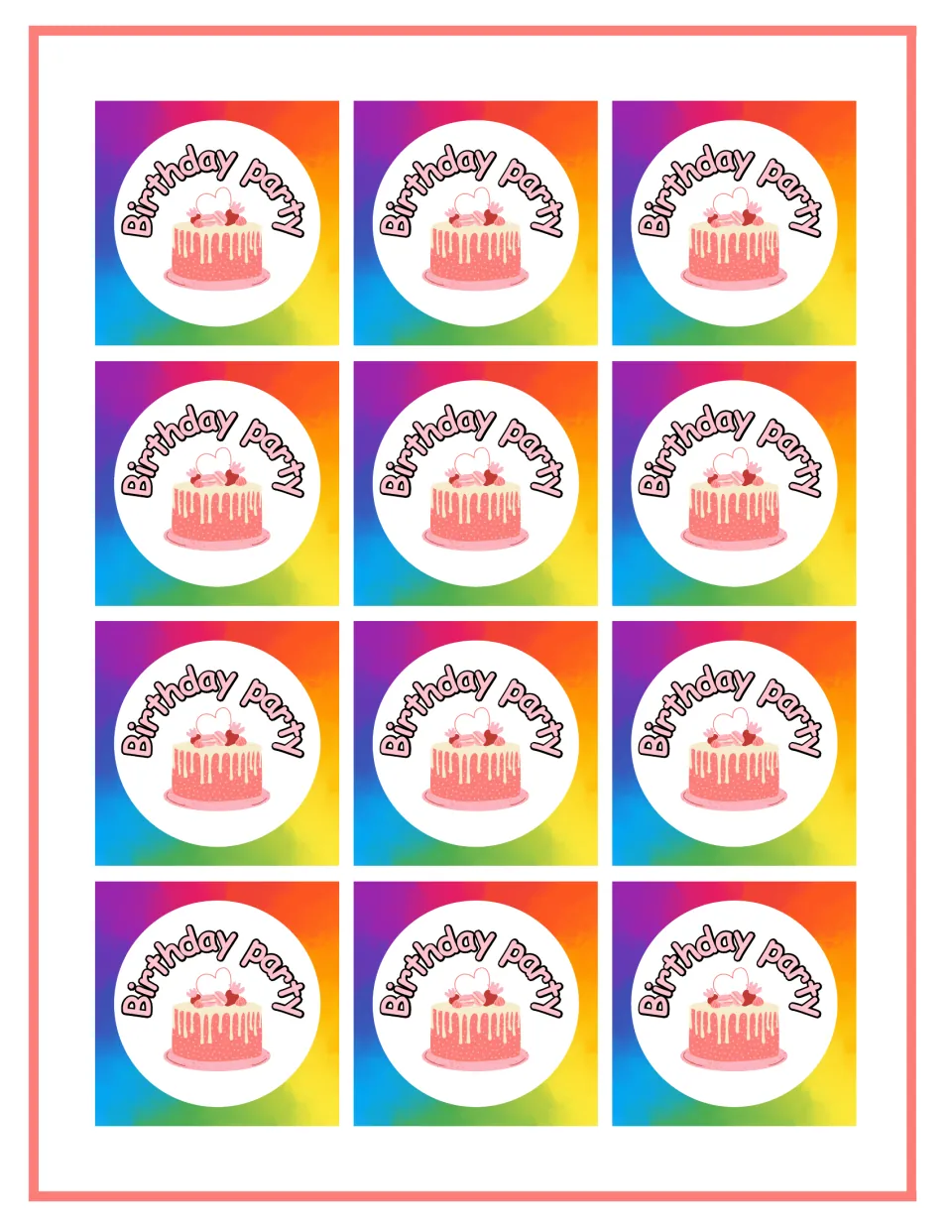 Twelve small birthday party labels for the dramatic play set, each showing a cake and 'Birthday party'