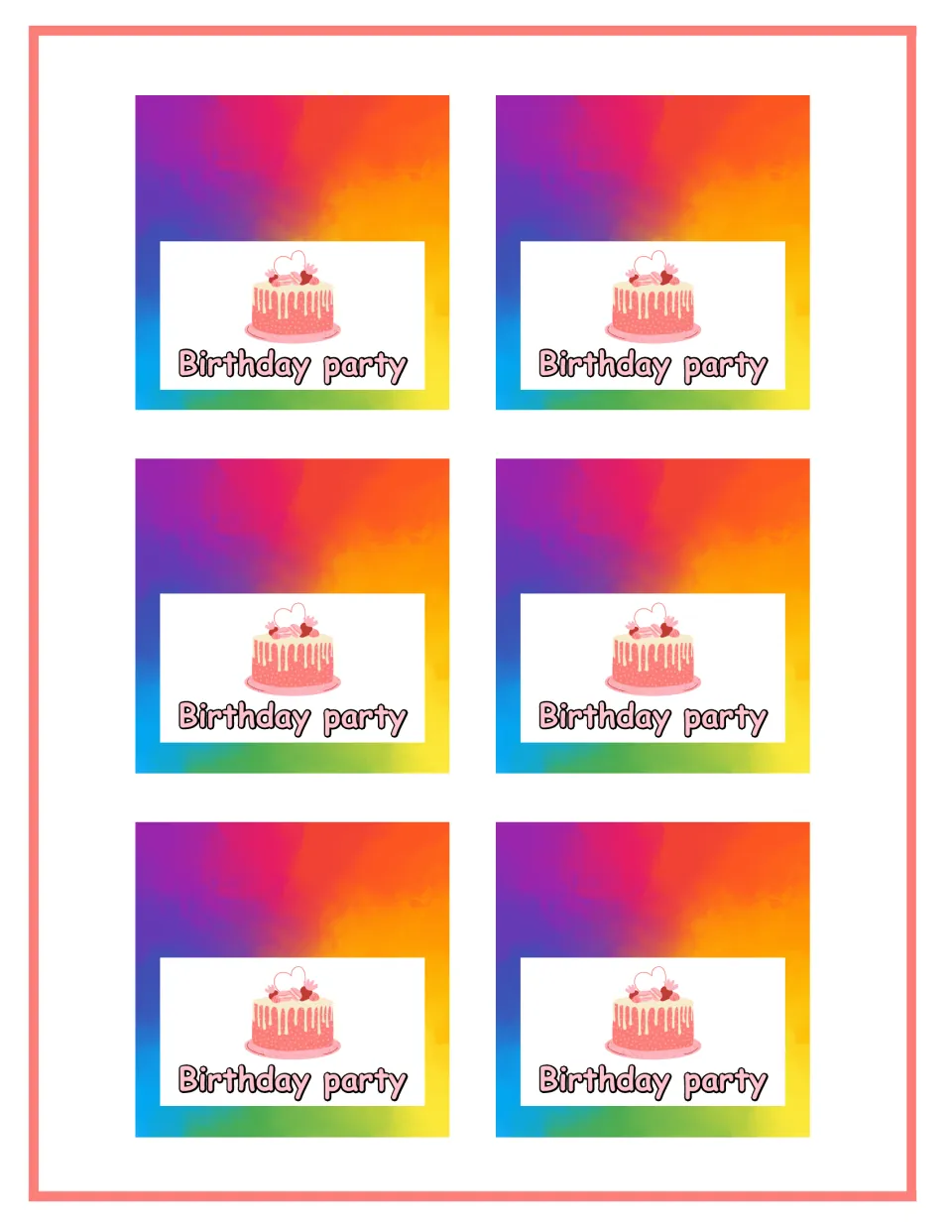 Six larger birthday party labels for the dramatic play set, each showing a cake above 'Birthday party'
