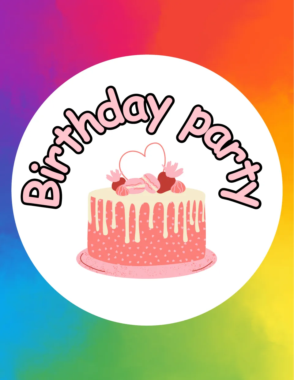 Full-page birthday party sign for the dramatic play center, featuring 'Birthday party' above a cake