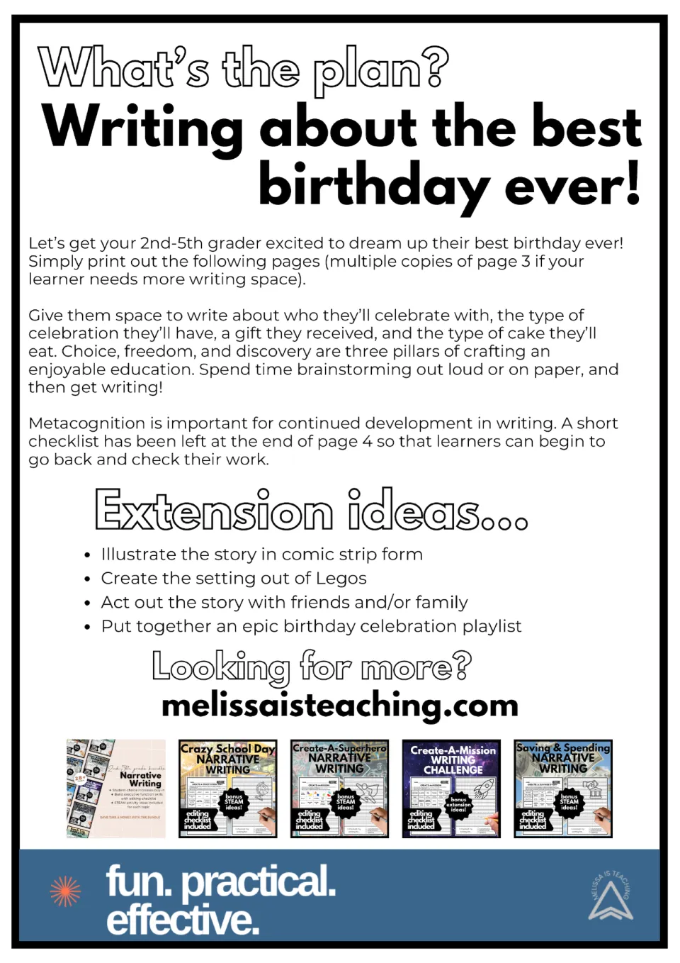 Teacher guide for birthday narrative writing, with brainstorming directions and four extension ideas