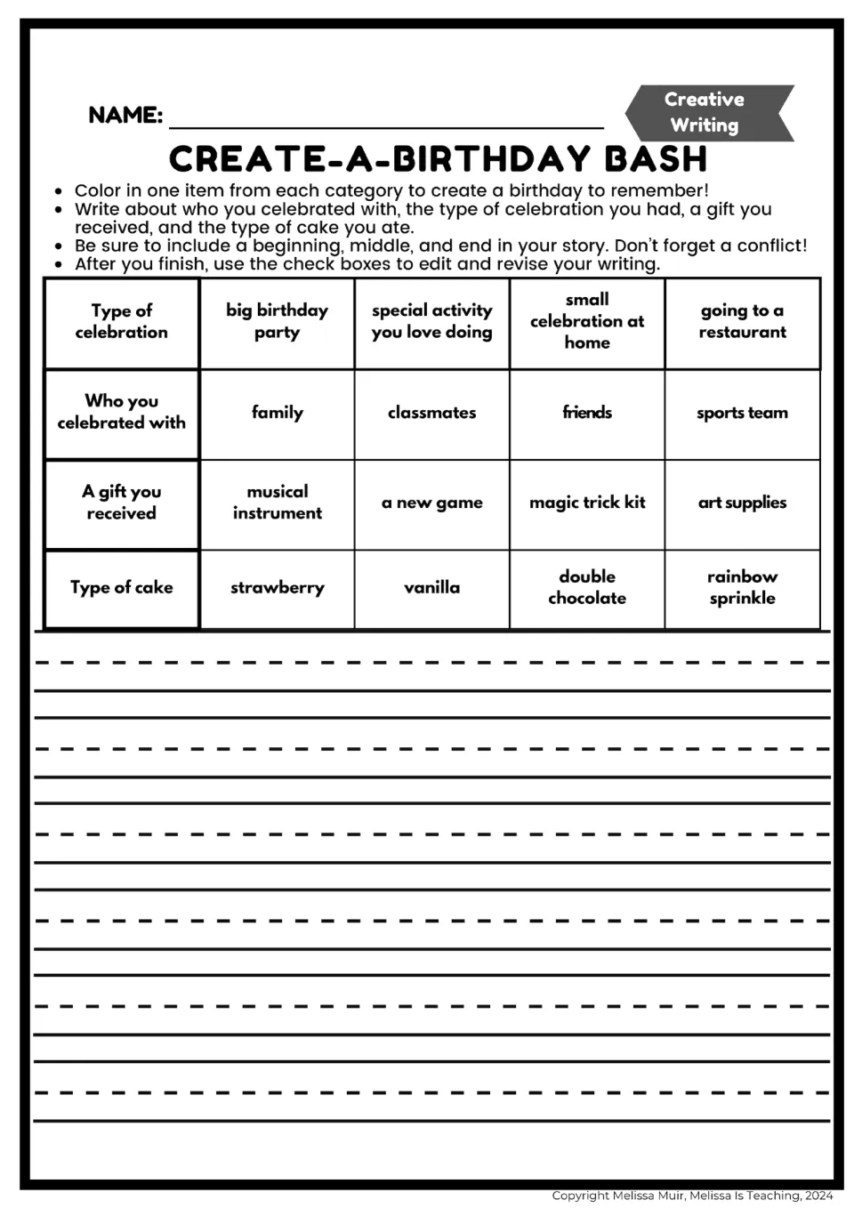 Birthday story starter: choose a celebration, guests, gift, and cake; include a beginning, middle, end, and conflict