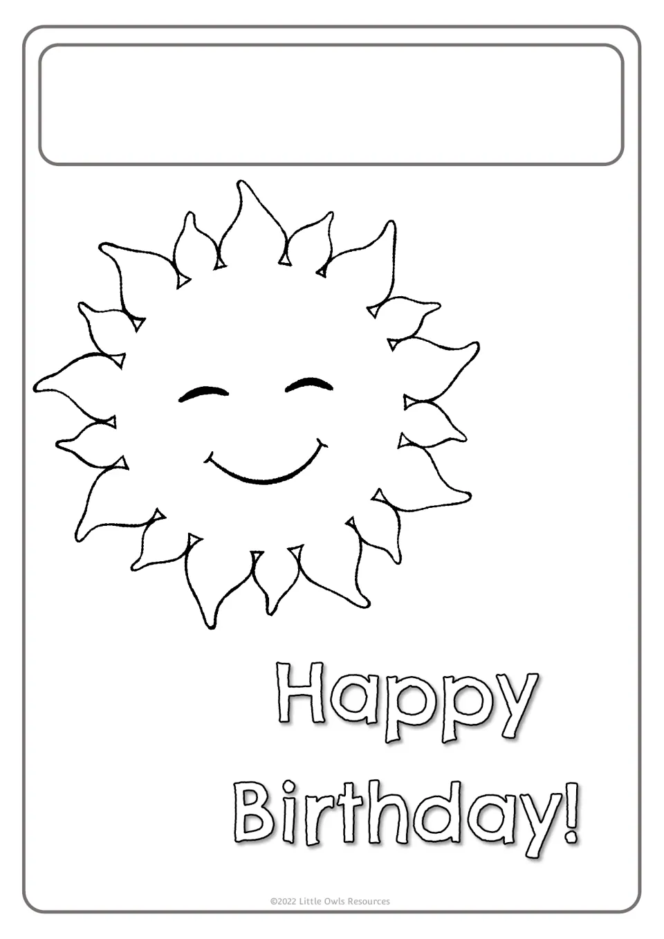 Birthday poster template featuring a smiling sun, 'Happy Birthday!' lettering, and space for a greeting