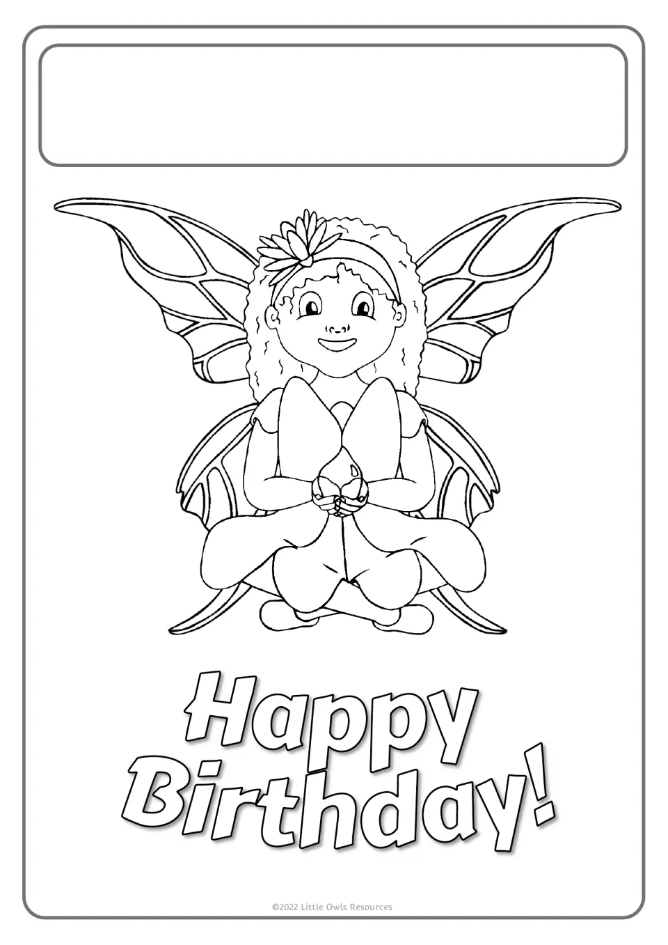 Birthday poster template featuring a seated fairy, 'Happy Birthday!' lettering, and room for a greeting